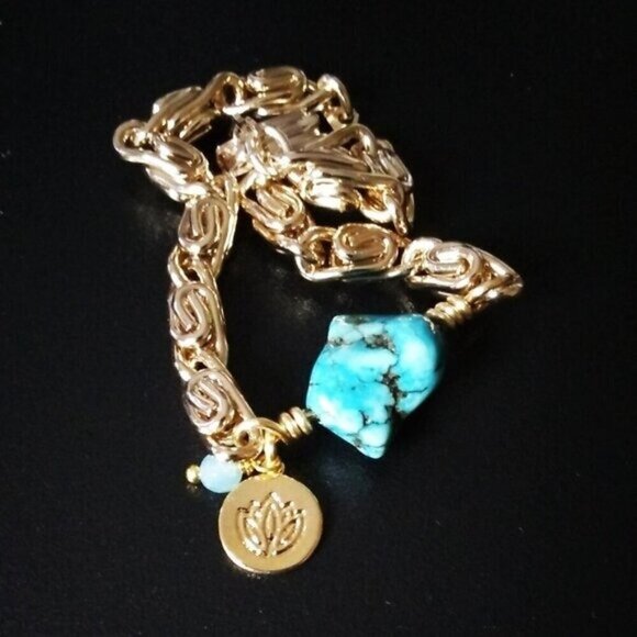 Turquoise Magnesite + Lotus Blossom! Thick Gold Chain Bracelet! Your Size!!! - Picture 1 of 6